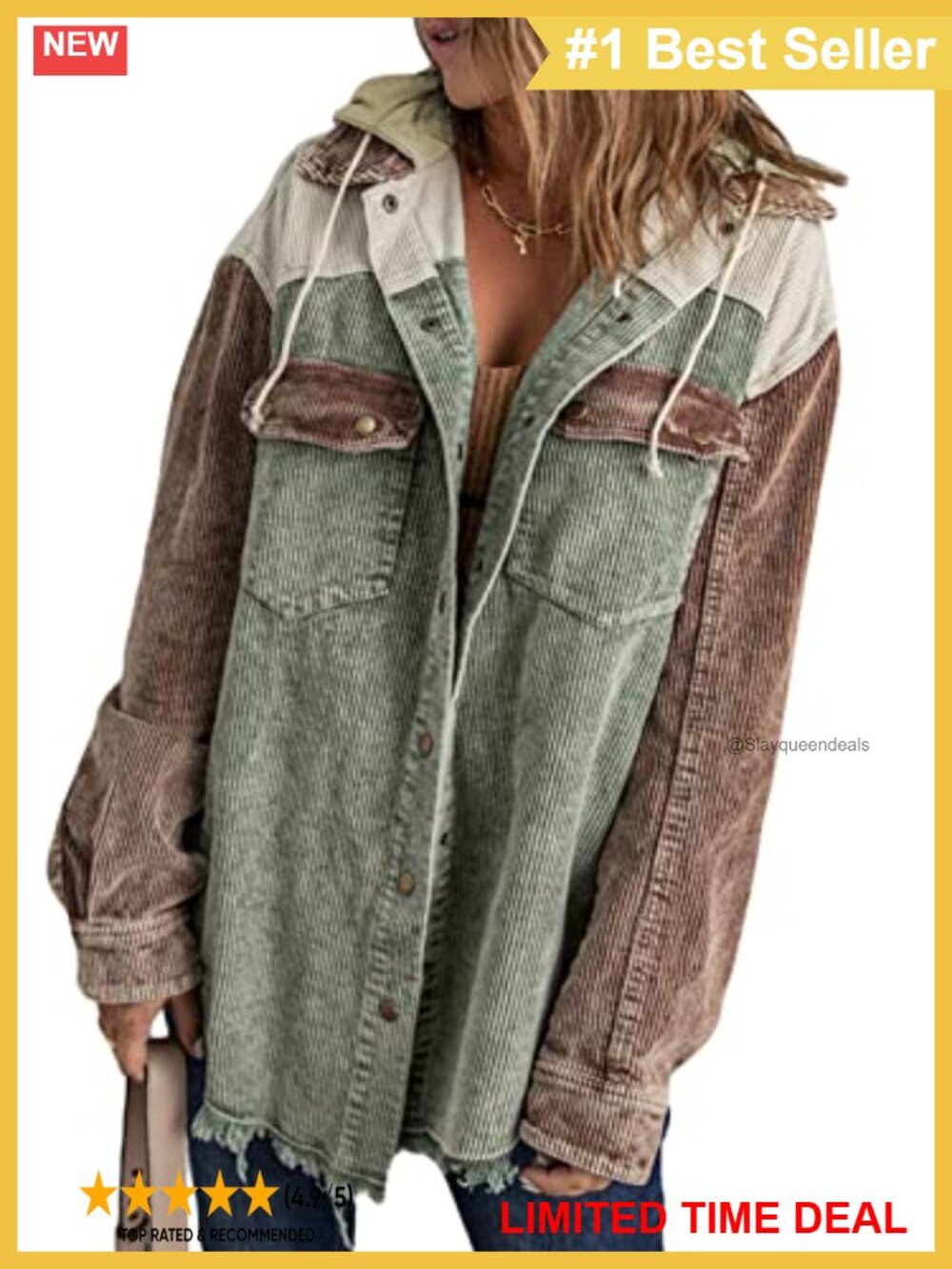 Corduroy Shacket Jacket Long Sleeve Button Down Hooded Coat with Pockets